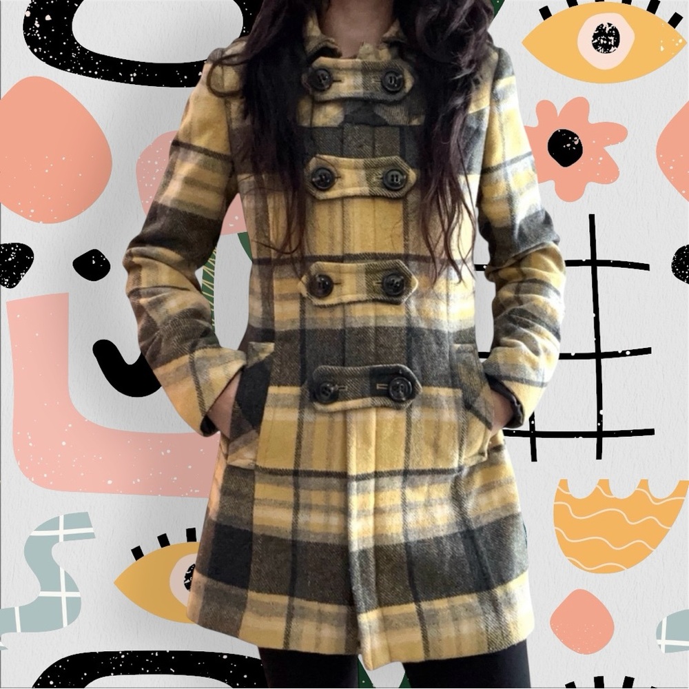 Via | Vintage Y2K Yellow and Gray Plaid Button Front Peacoat
